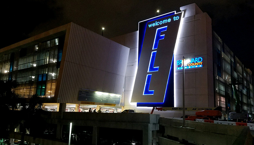 New FLL Welcome Sign as seen at night