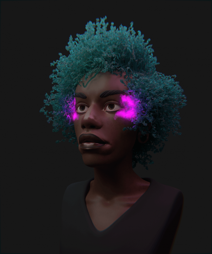 black woman with blue afro